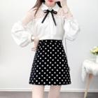 Set: Long-sleeve Dotted Sheer Panel Blouse + Dotted A-line Mini Skirt