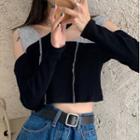 Long-sleeve Two-tone Cold-shoulder T-shirt Black & Gray - One Size