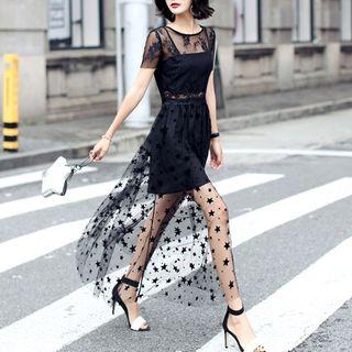 Set: Lace Short-sleeve Top + Maxi Skirt