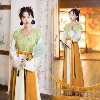 Hanfu Set: Long-sleeve Top + Vest + Maxi Skirt