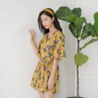 Set: Short-sleeve Leaf Print Top + Skort