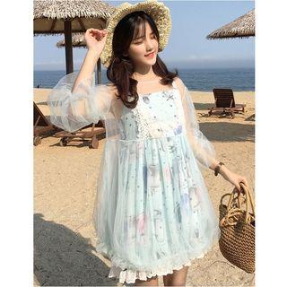 Set: Floral Print Spaghetti Strap Dress + Mesh Long-sleeve Dress