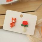 Fox & Rose Asymmetrical Alloy Earring 1 Pair - Silver Needle Earring - Flower & Fox - Orange - One Size