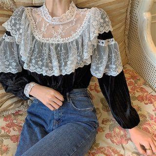 Lace Neck Plain Long-sleeve Top As Shown In Figure - One Size