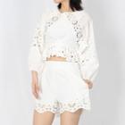 Set: Puff-sleeve Crop Eyelet Lace Blouse + Shorts