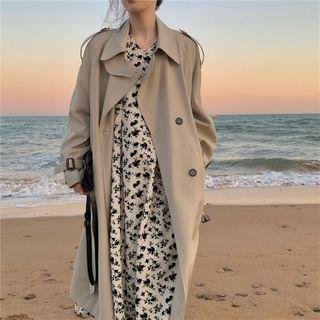 Double Breasted Long Coat / Long-sleeve Floral Print Midi Dress