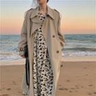 Double Breasted Long Coat / Long-sleeve Floral Print Midi Dress