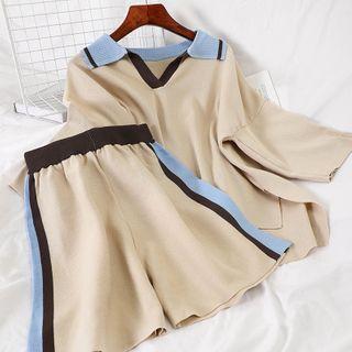 Set: Contrast Trim Elbow-sleeve Knit Polo Shirt + Contrast Trim Knit Shorts