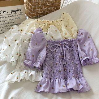 Puff-sleeve Smocked Ruffled Blouse