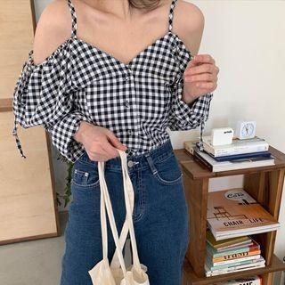 Cold-shoulder Gingham Blouse Black & White - One Size