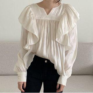 Puff-sleeve V-neck Plain Ruffle Trim Ruched Blouse