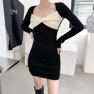 Two Tone Long Sleeve Skinny Mini Dress