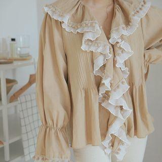 Pom Pom Trim Ruffle Blouse