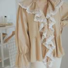 Pom Pom Trim Ruffle Blouse