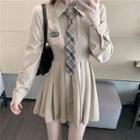 Long-sleeve Pleated Mini A-line Dress / Plaid Necktie