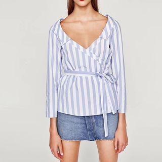Long-sleeve Wrapped Neck Blouse