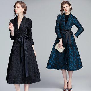 Jacquard Tie-waist A-line Midi Coat