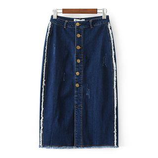 Buttoned Fray Midi Denim Skirt