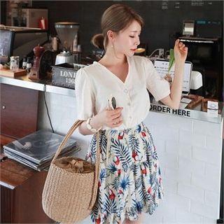 Set: V-neck Linen Blend Blouse + Foliage Tiered Miniskirt