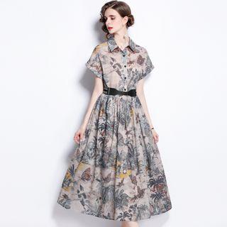 Short-sleeve Butterfly Print Shirtdress
