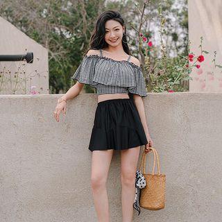 Set: Plaid Cold-shoulder Tankini + Swim Skirt
