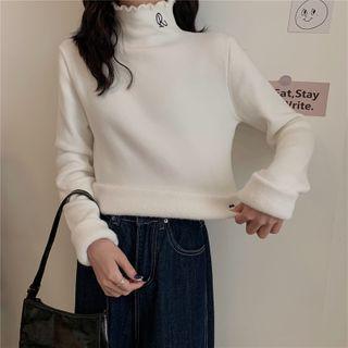 Mock-neck Ruffle Trim Lettered Long-sleeve Fleece Lined Top