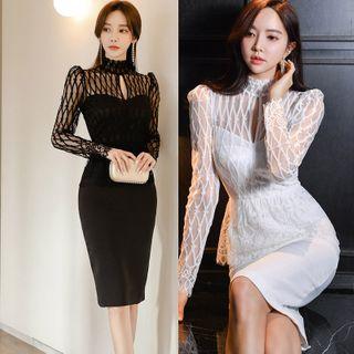 Mock-turtleneck Long-sleeve Lace Sheath Dress