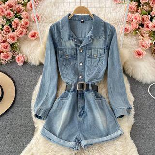 Long Sleeve Roll Up Denim Playsuit