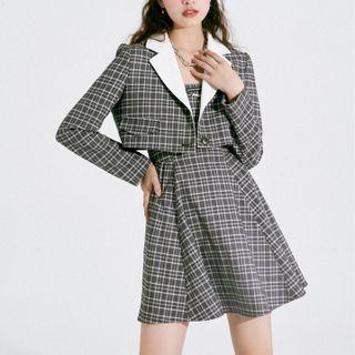 Plaid Suspender Skirt / Cropped Blazer