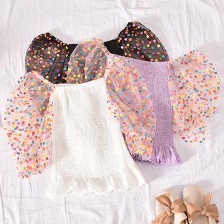 Elbow-sleeve Paneled Smocked Top