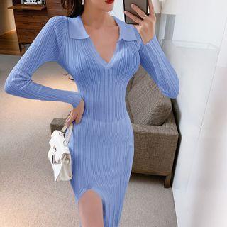 Long-sleeve Side-slit Collared Dress
