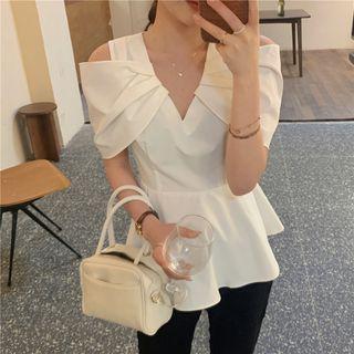 V-neck Cut-out Shoulder Plain Blouse White - One Size