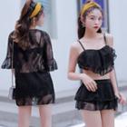 Set: Ruffled Bikini Top + Layered Swim Skirt + Bell-sleeve Lace Top