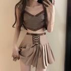 Lace Trim Cropped Camisole Top / Lace-up Pleated Mini A-line Skirt