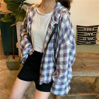 Plaid Hooded Zip Jacket White - One Size