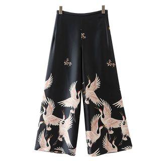 Flamingo Print Wide-leg Pants