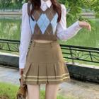 Argyle Sweater Vest / Shirt / Pleated Mini A-line Skirt