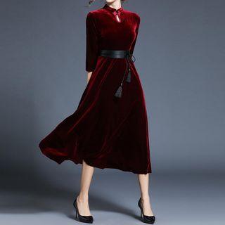 Velvet 3/4 Sleeve Mandarin Collar Midi Dress
