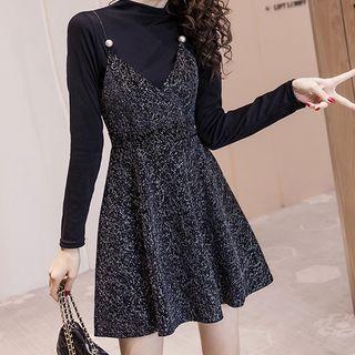 Set: Long-sleeve Knit Top + Mini A-line Overall Dress
