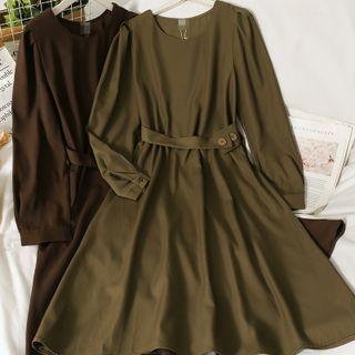 Details Puff-sleeve Midi Dress With Sash