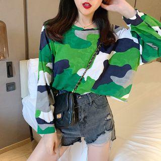Long-sleeve Camo Print T-shirt Camouflage - Green - One Size