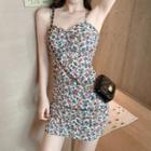 Sleeveless Shirred Floral Mini Sheath Dress