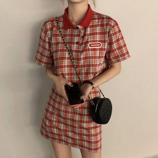 Short-sleeve Plaid Polo Shirt / A-line Skirt