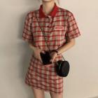 Short-sleeve Plaid Polo Shirt / A-line Skirt