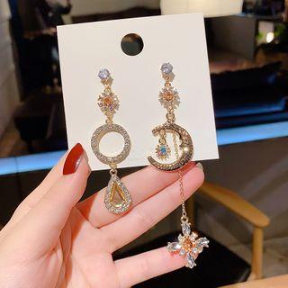 925 Sterling Silver Asymmetric Rhinestone Moon Dangle Earring 1 Pair - E1094 - Gold - One Size