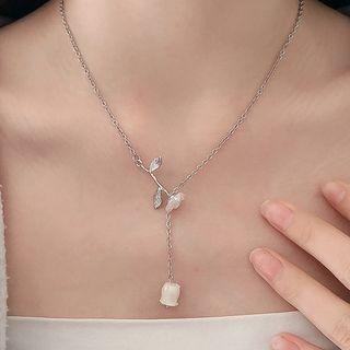 Floral Necklace White Rose - Silver - One Size