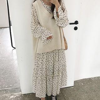 Long-sleeve Polka Dot Midi Dress / Knit Vest