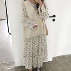 Long-sleeve Polka Dot Midi Dress / Knit Vest