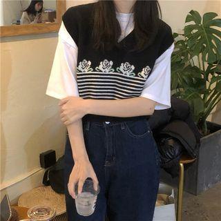 V-neck Floral Embroidered Striped Sweater Vest