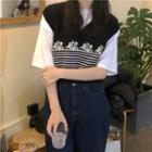 V-neck Floral Embroidered Striped Sweater Vest